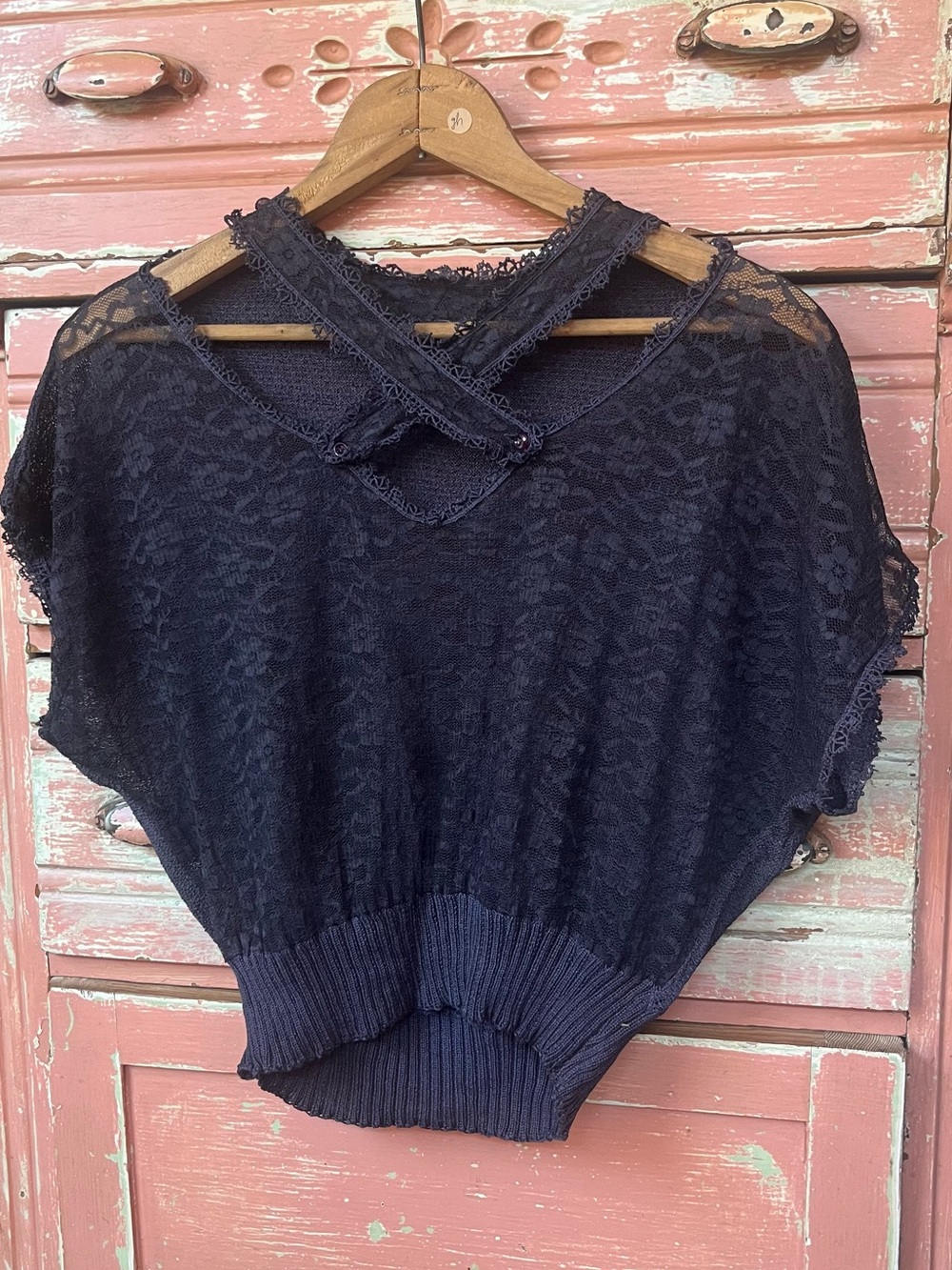 Antique Vintage 30s 40s Art Deco Knit Lace Navy Cotton Blouse Top S/M - Picture 2 of 13